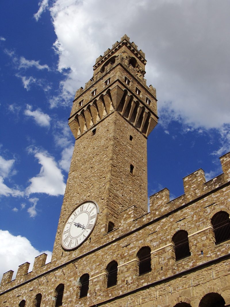 history, architecture, clock, clock tower, building exterior, culture, tall - high, palazzo vecchio, europe, city, 2K, cloud - sky, arc, time, sky, stone