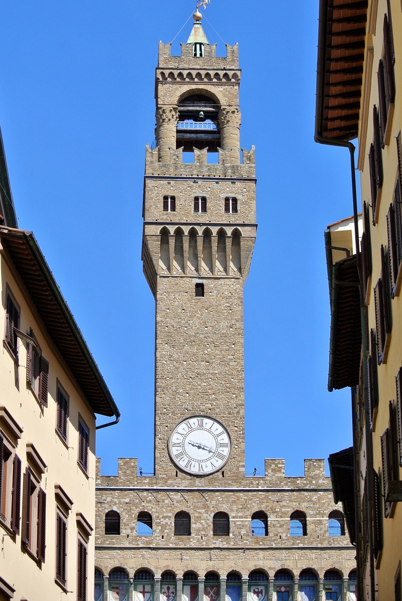 architecture, 2K, clear sky, low angle view, tower, time, clock face, italy, blue, bell tower - tower, sky, clock tower, palazzo vecchio, travel destinations