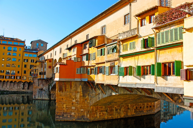 no people, Ponte Vecchio, arc, river, transportation, clear sky, palazzo, waterfront, brick, bricks, canal, landscape, city, reflection, tuscany, house