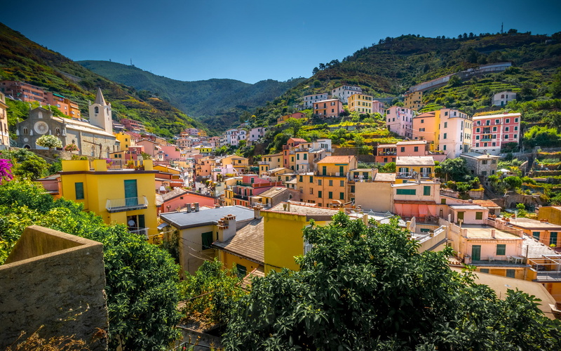 landscape, Cinque Terre, Riomaggiore, 1080P, mountains, home, Italy, trees, slope