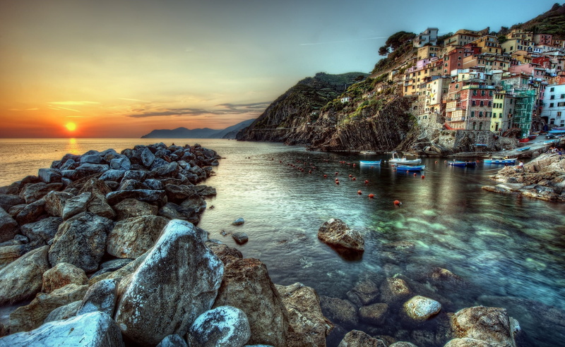 Italy, illustration, City, Riomaggiore, rock - object, nature, cloud - sky, rocky coastline, sea, beauty in nature, rock formation, horizon over water