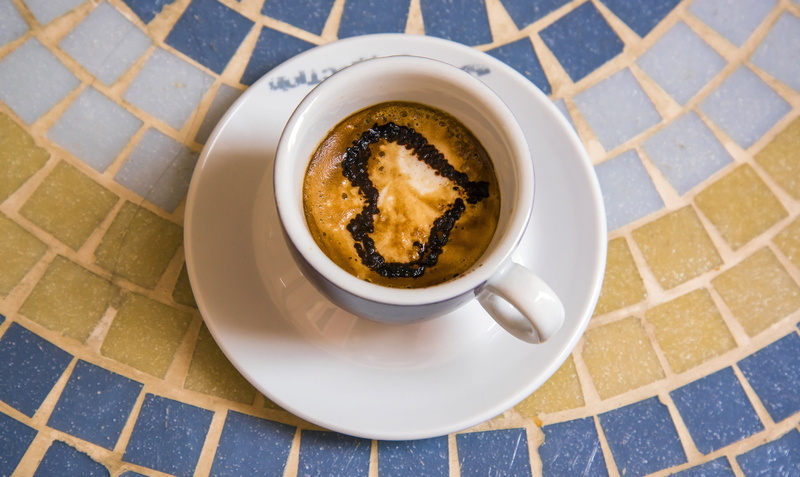 macchiato, drink, no people, breakfast, frothy drink, riomaggiore, table, high angle view, spoon, tea cup, mug, tiled floor, flooring, still life, espresso