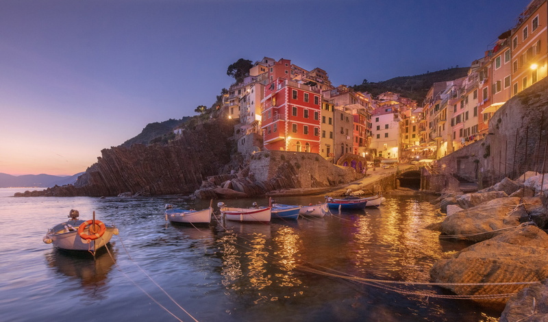 2K, Cinque Terre, Riomaggiore, Italy, rocks, shore, the evening, Mike Reifman, sea, home, town, Liguria, boats, stones, lighting, sunset