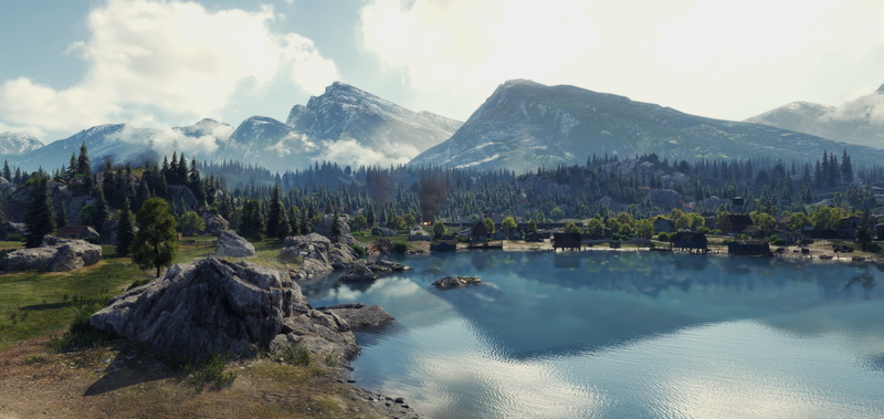 sky, scenics - nature, mountain, video games, nature, day, plant, idyllic, remote, lake, snowcapped mountain, mountain peak, no people, tranquil scene