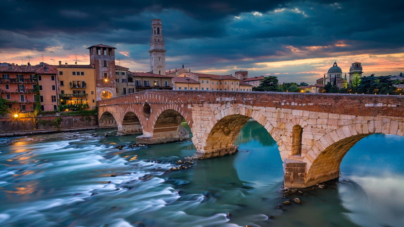europe, waterway, italy, ponte pietra, bridge - man made structure, sunset, nature, arch bridge, tower, cloud - sky, building exterior, water, cityscape