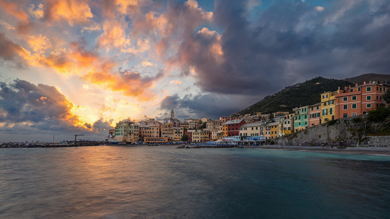 Italy, home, The Ligurian sea, 1080P, coast, Liguria, sea, building, sunset, Bogliasco, Ligurian Sea