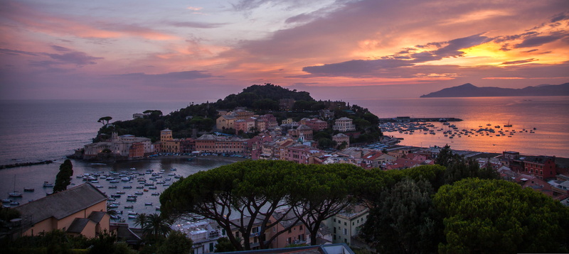 Ligurian Sea, Cape, Bay of Silence, Sestri Levante, sunset, The Ligurian sea, Liguria, sea, building, Italy, Italian Riviera, Bay of the Fables, 5K, panorama