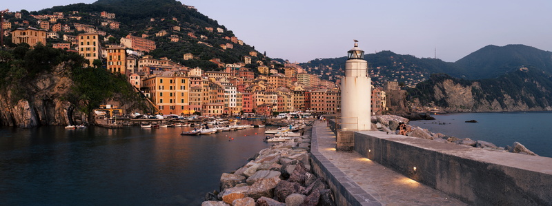 boulders, The Ligurian sea, port, Camogli, Ligurian Sea, stones, 5K, Italy, panorama, boats, mountains, Italia, Bay, Liguria, building, yachts, home, lighthouse