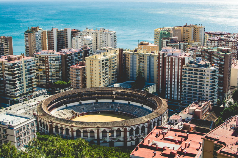 coliseum, arena, europe, malaga, fight, skyscraper, modern, no people, water, summer, day, building exterior, office, málaga, tall - high, work, built structure