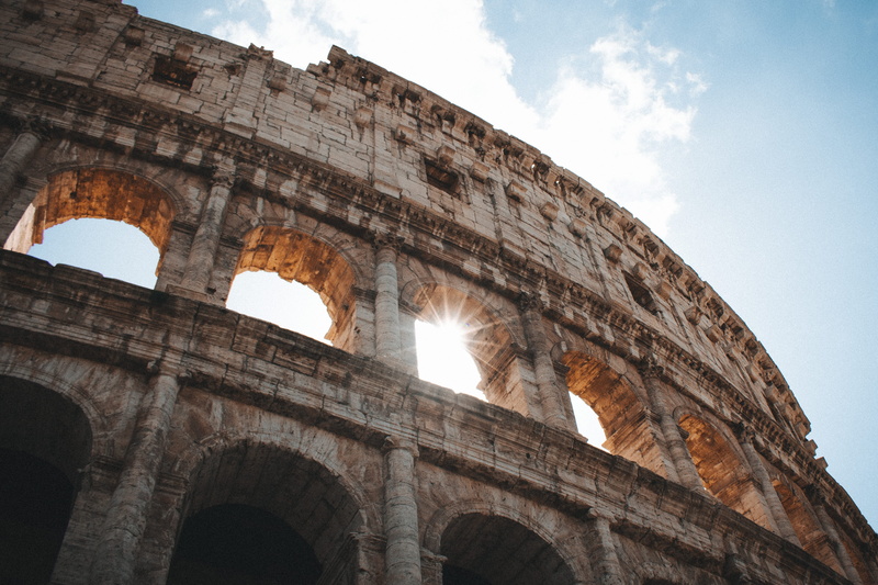italy, castle, history, travel, colosseum, arched, iconic, arts culture and entertainment, cloud - sky, archaeology, the past, stone work, city, sun flare