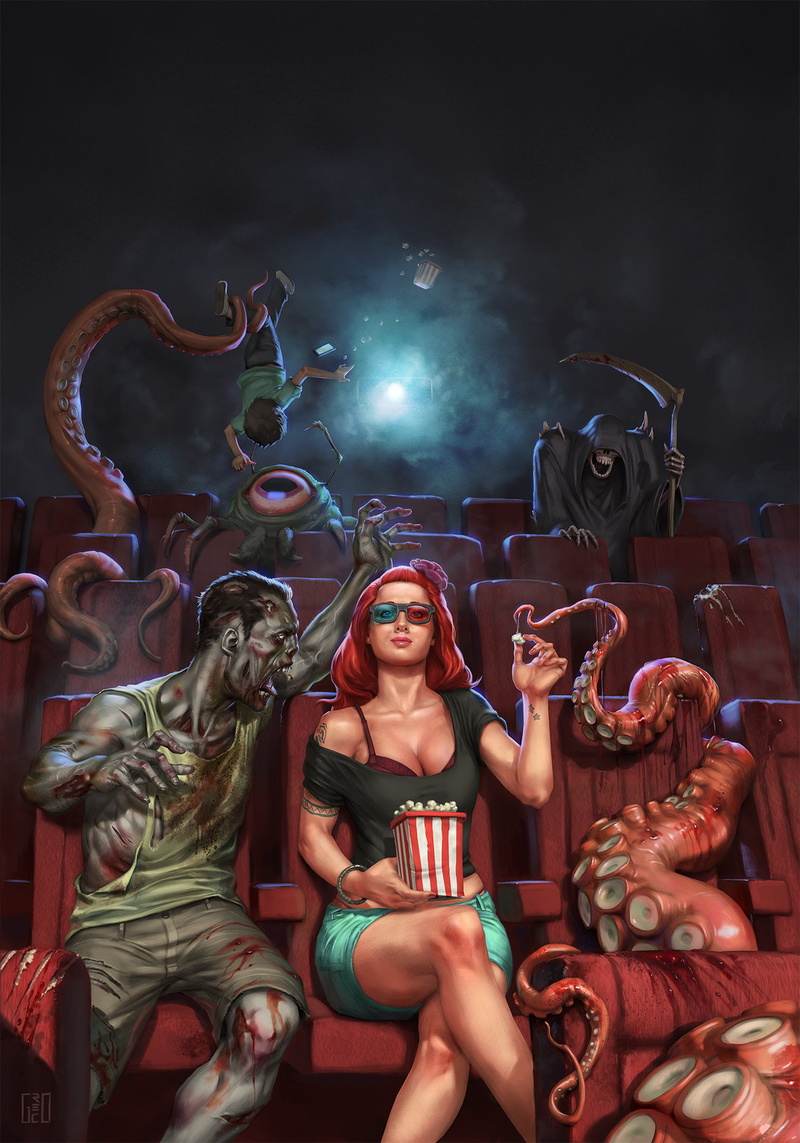 Flavio Greco Paglia, blouse, movie theater, undead, shorts, chair, women, 1080P, Grim Reaper, octopus, tentacles, redhead