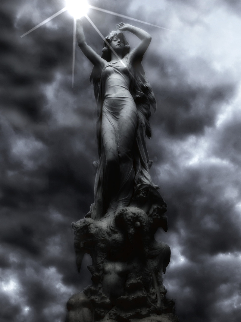 woman, symbol, statue, historical, male likeness, representation, person, cloudy, sky, dress, human representation, sun, stone, architecture, adorable