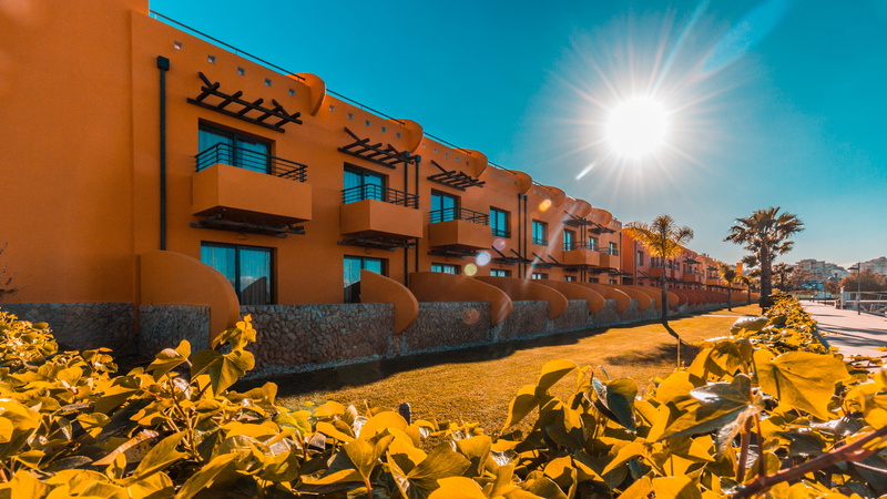 building, autumn, clear sky, yellow, brightly lit, sunbeam, no people, sun, lens flare, nature, apartments, port, bright, building exterior, architecture