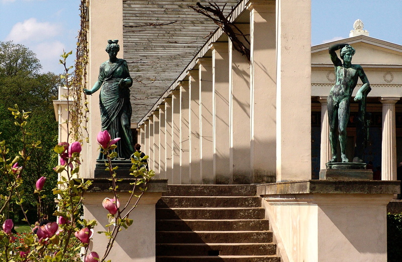 art and craft, low angle view, portico, staircase, Potsdam, climbing, human representation, flowering plant, arcade, park, architecture, nature, built structure