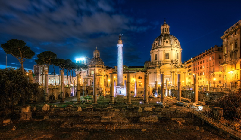 italy, buildings, famous, 4K, ruins, night, cities, forum, rome, trajans