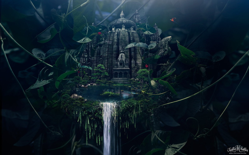 temple, Justin Maller, digital art, 1080P, leaves, parrot, waterfall, peace, nature, palace
