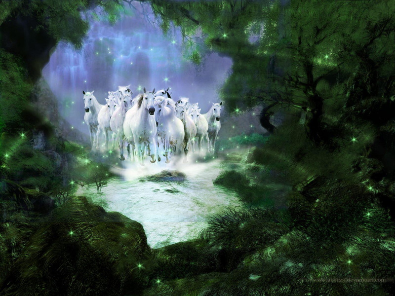 spectral, horses, forest, aurochs, trees, 720P, fantasy