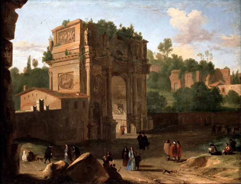 buildings, travel destinations, outdoors, art, people, architecture, arch of constantine, crowd, sky, visit, trees, landmark, painting, travel, women, the past