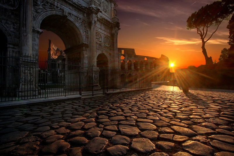 city ​​break, gate, nature, arch, larco di costantino, colosseum, outdoors, italia, sunrise, travel destinations, twilight, capital, sun, built structure