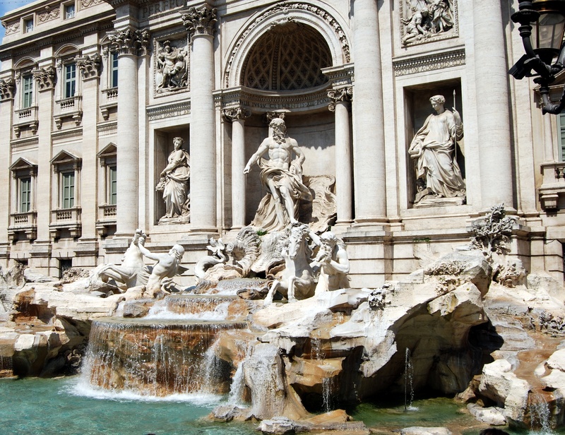 water, sculpture, fontana di trevi, built structure, art and craft, day, travel destinations, fountain, rome, representation, history, human representation