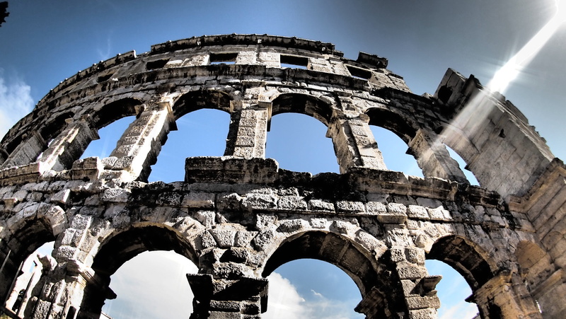 architecture, archaeology, 4K, amphitheater, roman history, no people, antiquity, croatia, tourism, sky, pula, summer, places of interest, clouds, holiday