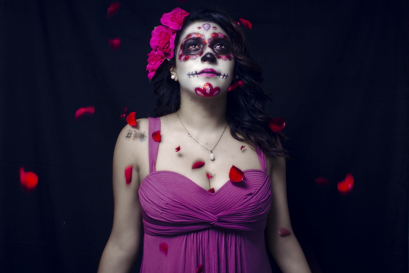 petaled, catrina, indoors, women, looking up, scare, dark, horror, young adult, spooky, lace, people, dropping, woman, one woman only, masquerade, pink