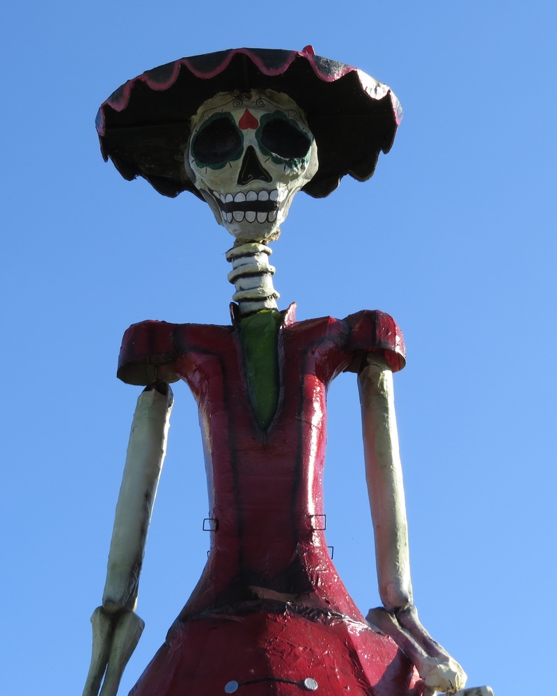 low angle view, human representation, outdoors, 2K, popular festivals, red, paper mache, death, creativity, catrina, blue, day, no people, mexico, representation