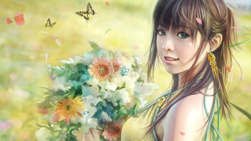 face, art, spring, women, butterflies, asians, 1080P, hair, long hair, smiling, hd, smiley, Flowers, brunettes, fantasy, animals, artwork, long
