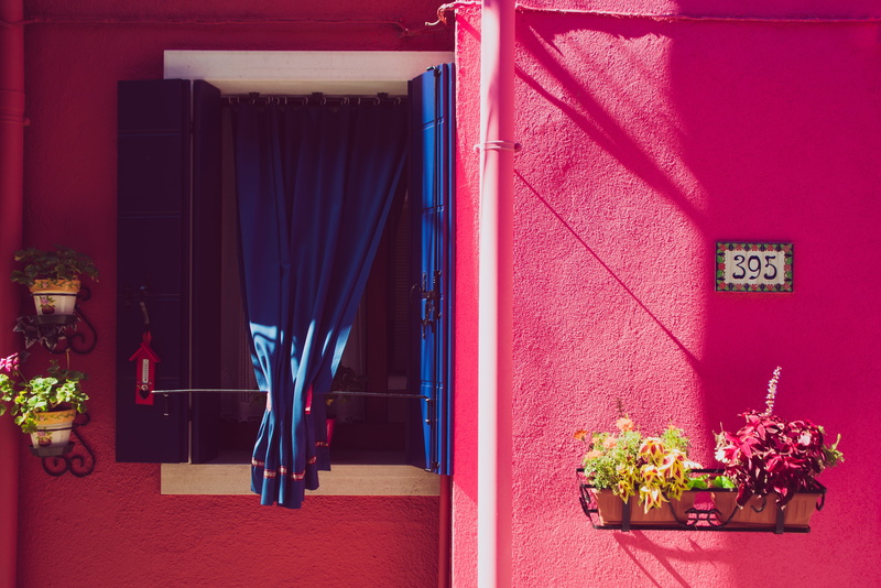 building, hanging, built structure, color, day, flower, decoration, italy, summer, house, window, potted plant, venice, indoors, growth, burano, facade