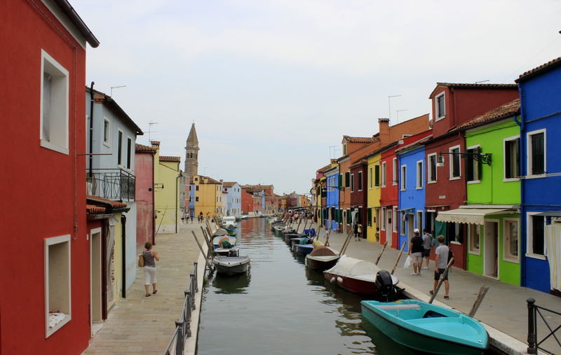 outdoors, burano, residential district, water, mode of transportation, nautical vessel, moored, building exterior, canal, wooden post, colors, italy, diminishing perspective
