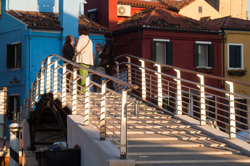 staircase, built structure, sunlight, bridge, residential district, building exterior, color, illuminated, architecture, building, shadow, nature, venice