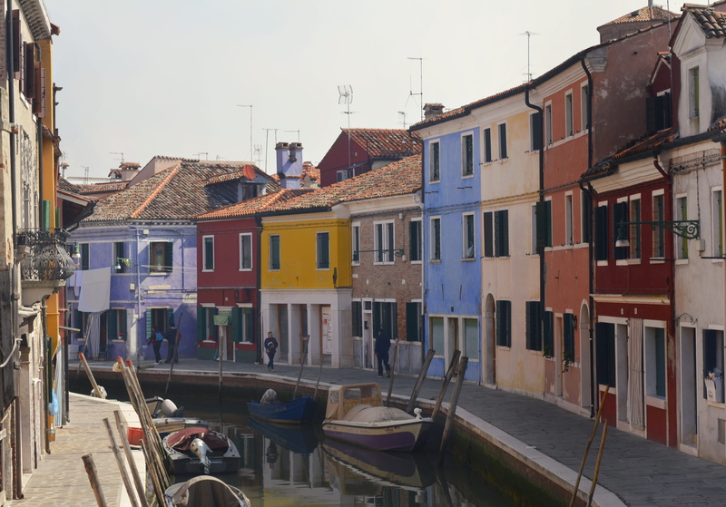 canal, sunrise, mode of transportation, transportation, wooden post, day, architecture, burano, beside, parked, boats, sky, clear sky, house, building