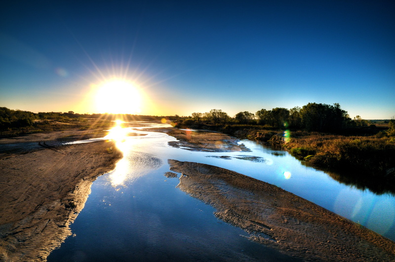 Caddo County, body of water, outdoors, Canadian River, blue, Oklahoma, lake, body, field, reflection, HDR, open field, sun, blue sky, sunlight, sunrise - Dawn