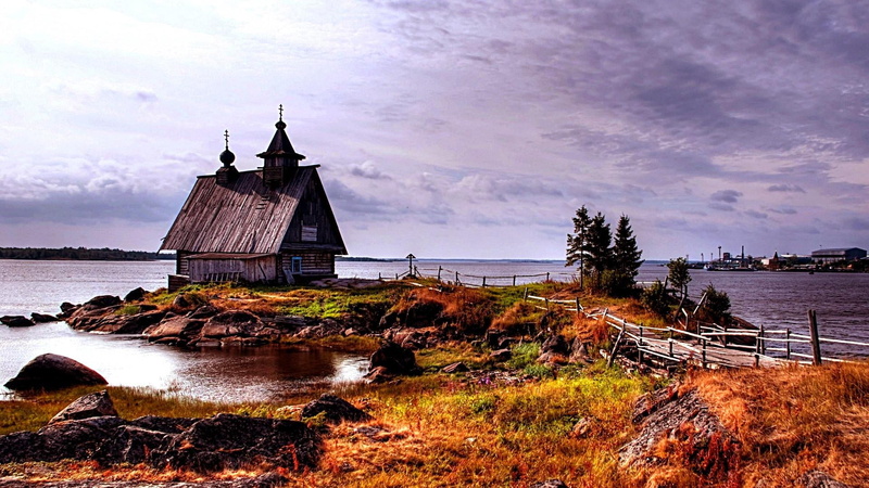 sky, spirituality, built structure, plant, building exterior, cottage, belief, day, small house, 1080P, no people, shore, place of worship, rocky river