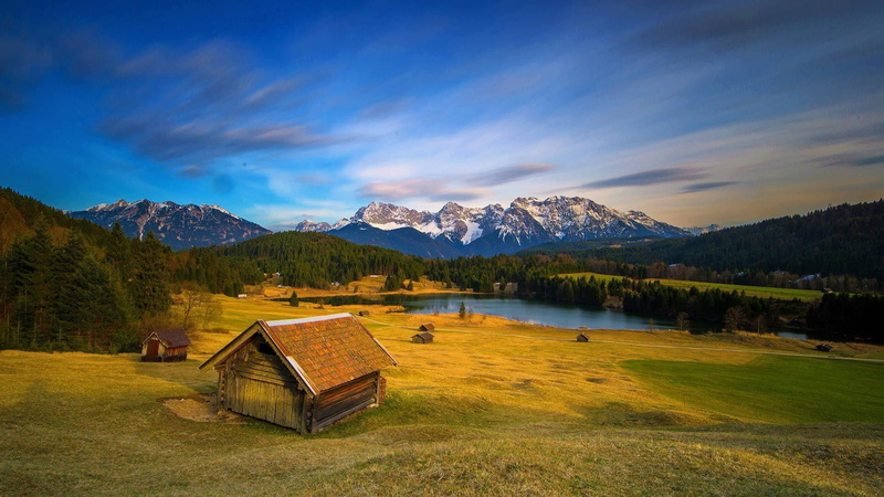 karwendel mountain range, alps, meadow, water, tranquility, field, mountain range, shanty, cloud, nature, grass, landscape, highland, mountain peak, geroldsee