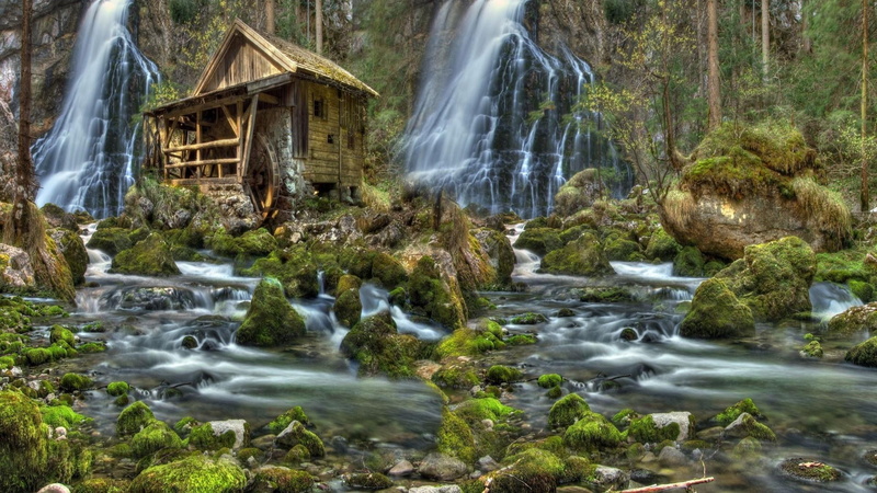 blurred motion, water, rock, cabin, hovel, cascade, mossy, hut, growth, tree, scenics - nature, no people, shanty, tranquility, stream - flowing water