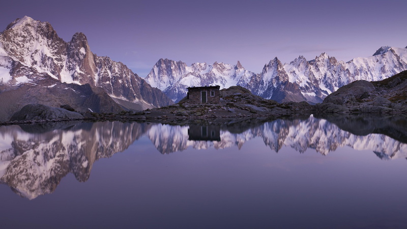 reflections, mountains, lake, shanty, reflected, calm, 4K, snowy