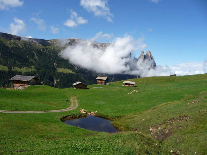 architecture, alm, tranquility, scenics, seiser alm, field, Alpine, sky, non-urban scene, no people, Landscape, clouds, Nature, day, schlern, scenics - nature