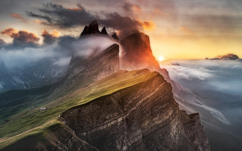 outdoors, beauty in nature, travel destinations, rock, tranquil scene, rock - object, solid, power in nature, Seiser Alm, non-urban scene, nature, sunset