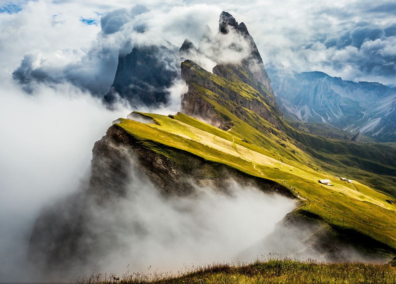 clouds, Alps, Cabin, Seiser Alm, 720P, Summit, landscape, nature, mountains, photography, grass