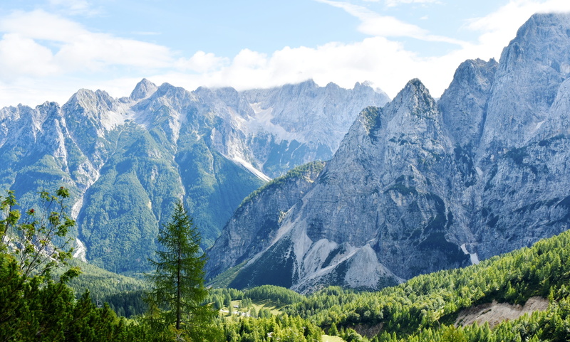 hiking, slovenia, beauty in nature, alps, mountain range, solid, trekking, idyllic, cloud - sky, travel, tree, vacations, 4K, julian alps, environment