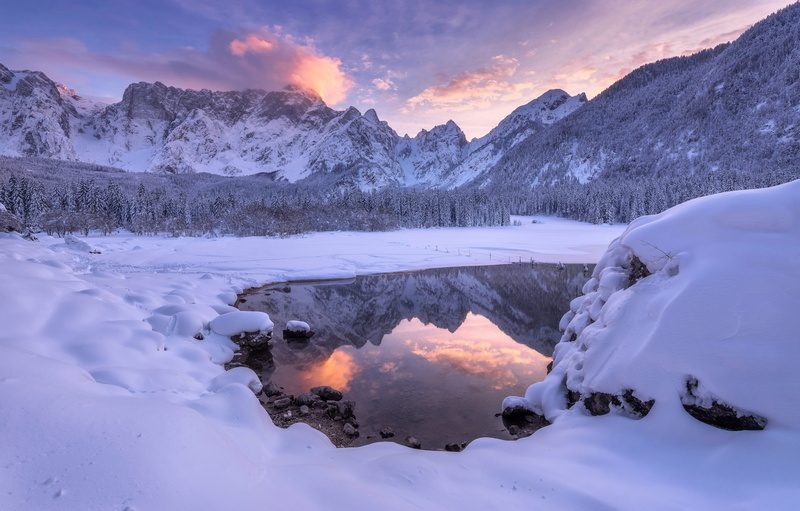 forest, The Julian Alps, winter, the snow, lake Fusine, sunset, Italy, Julian Alps, Fusine Lake, Tarvisio, 4K, snow, lake, reflection, mountains