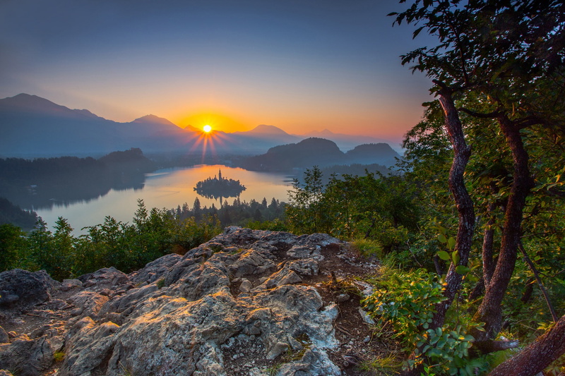 Lake Bled, Julian Alps, Slovenia, mountains, 1080P, sunset, lake, The Julian Alps, panorama, forest, Bled, island