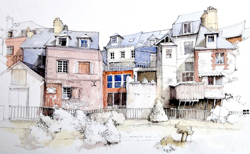 the urban landscape, 2K, France, watercolor, Honfleur, figure