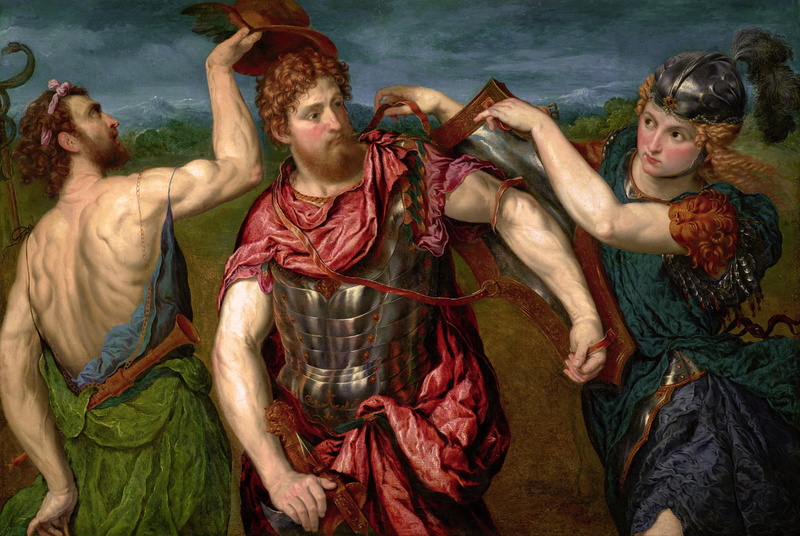 Greek mythology, classic art, Paris Bordon, 1500s, 1080P, Perseus Armed by Mercury and Minerva, painting