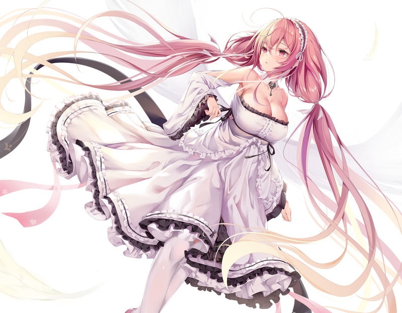 Azur Lane, red eyes, twintails, long hair, white dress, redhead, Perseus (Azur Lane), white stockings, 5K