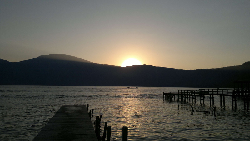 wooden post, tranquility, sun, scenics - nature, tranquil scene, silhouette, atardecer, jetty, mountain range, coatepeques lake, 4K, nature, pier, mountain