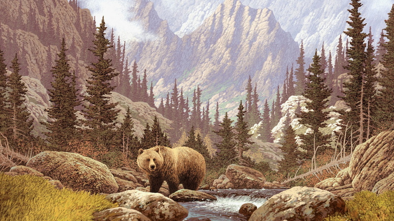 pintura, 1080P, oso, arte, paisaje, naturaleza