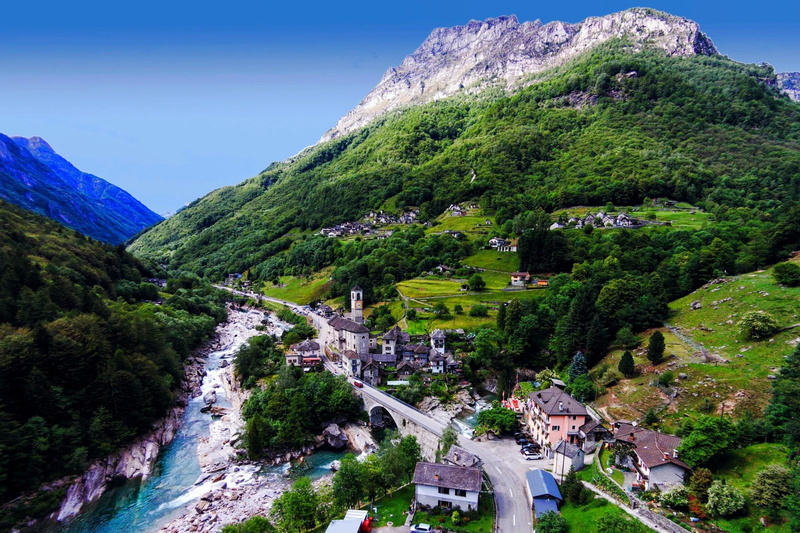 bridge, growth, mountains, town, tranquil scene, architecture, Verzasca Valley (Ticino), mountain, outdoors, environment, scenics - nature, nature, tranquility