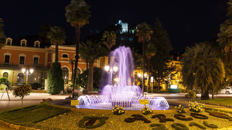 built structure, night photograph, lighting, building exterior, architecture, motion, tree, castle, plant, park, nature, italy, fountain, garden, water